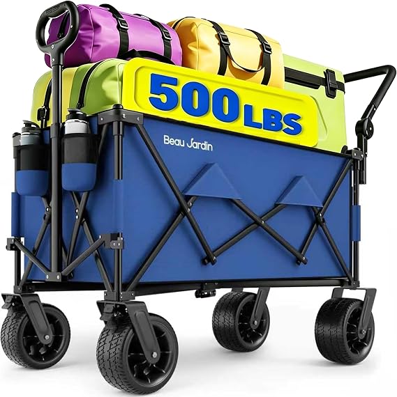 BEAU JARDIN Folding Push & Pull Beach Wagon 500 lbs Collapsible Foldable Wagons with Push Handle All Terrain Wheels Grocery Utility Camping Sports Garden Wagon Cart Blue