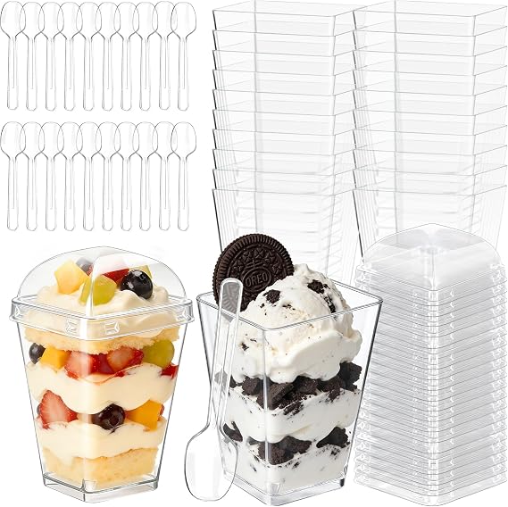 50 Pack 5oz Plastic Dessert Cups with Lids and Spoons, Clear | Small Yogurt Parfait Cups with Lids, Mini Dessert Shooter Cups, Square Party Appetizer Cups, Fruit, Pudding, Trifle Ice Cream