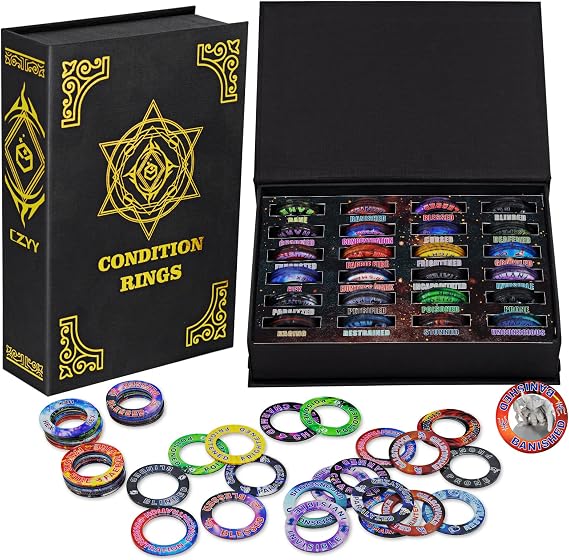CZYY DND Condition Rings, 96 Status Effect Markers with Storage Box | 24 Conditions and Spell Effects, Color Printed Icons, Fits Miniature Battles, Gift for Game Masters and RPG Players
