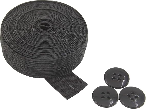 Flat Sewing Band Spool with Buttonholes, Elastic Stretchable, Ideal for DIY Waistbands and Necklines (Black, 3/4 inch 3 Yards)