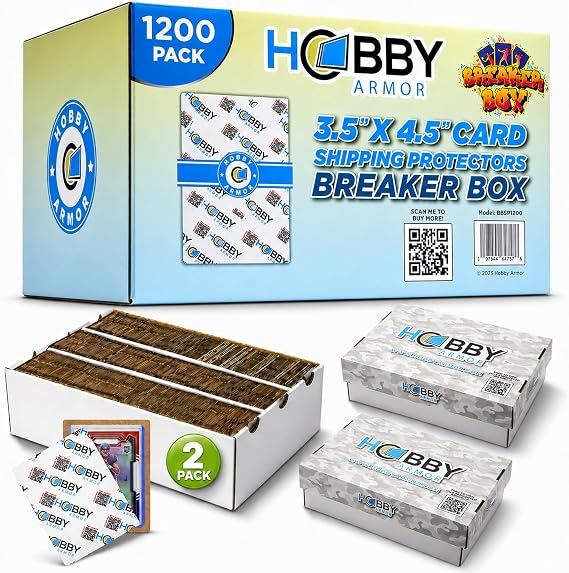 1200 Pack Trading Card Shipping Protector by Hobby Armor, 3.5" x 4.5" with Rounded Corners, Vibrant Multi-Color Card Protectors to Guard Cards From Dings, Bulk Breaker Box, Includes Dual Storage Boxes