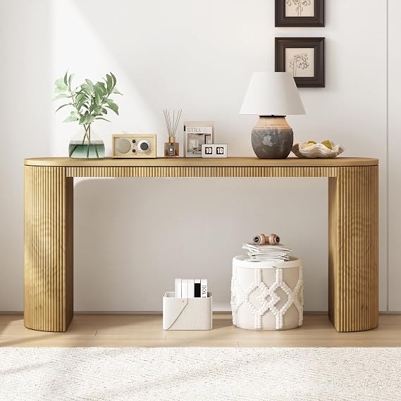 59" Unique Design Console Table,Curved Rounded Corner MDF Hallway Table,Behind The Couch Table,Elegant Modern Entryway Table,Vertical Stripe Foyer Table for Living Room and Corridor (Natural)
