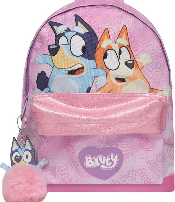 Bluey & Bingo Pink Backpack – Nursery & School Bag with Glitter Trim Front Pocket, Water Bottle Holder & Pom Pom Keyring – Official Girls & Boys Rucksack, Ages 3+