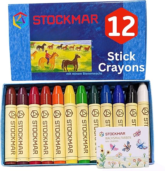 STOCKMAR Beeswax Stick Crayons, Set of 12 Assorted Colors in a Sturdy Storage Box Break-Resistant Wax Art Crayons with Natural Beeswax, Rich Pigments & Smooth Color Application, Made in Germany