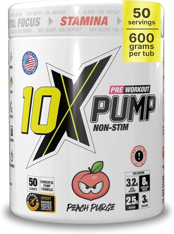 10X Athletic Non Stim Pre Workout Powder 3.2g Beta Alanine No Caffeine Creatine Sugar Free Vegan Low Calorie Various Flavours 600g 25/50 Servings (Peach)