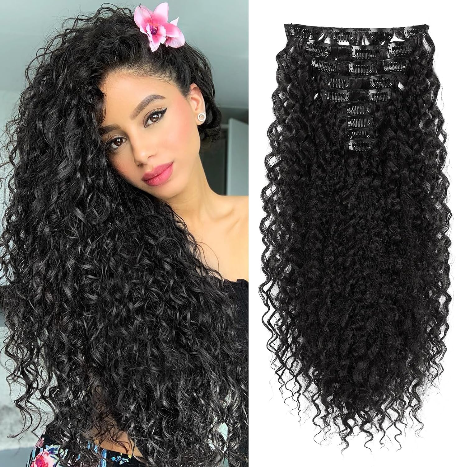 FLUFYMOOZ 9PCS Clip in Hair Extensions 22 Inch Curly Hair Extension Long Soft Synthetic Hairpieces for Women Black