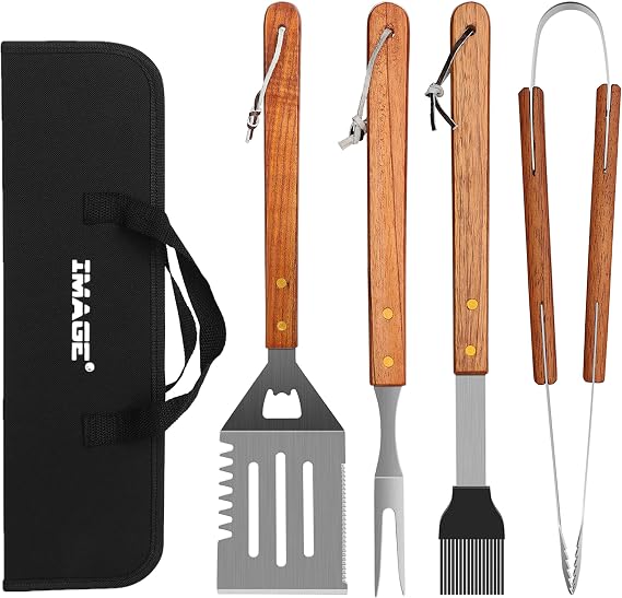 IMAGE Wooden BBQ Accessories Grill Sets,Stainless Steel BBQ Grill Tools Utensils Set for Outdoor Grilling, Cooking, Backyard Barbecue & Camping Gift for Man Dad Women Barbecue Enthusiasts Set of 4