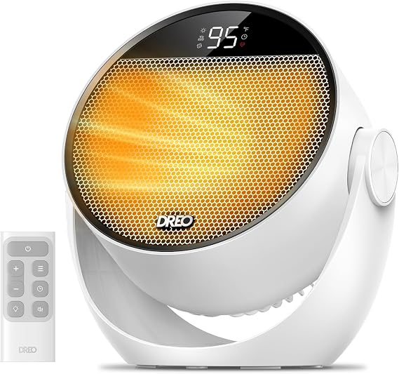 DREO Space Heater 1500W, 60 Adjustable Tilt, 10.5ft/s Portable Electric Heaters for Indoor Use with Thermostat, 8 Safety Protections, 3 Modes, Remote, Quiet Desk Heater for Bedroom, Office, White