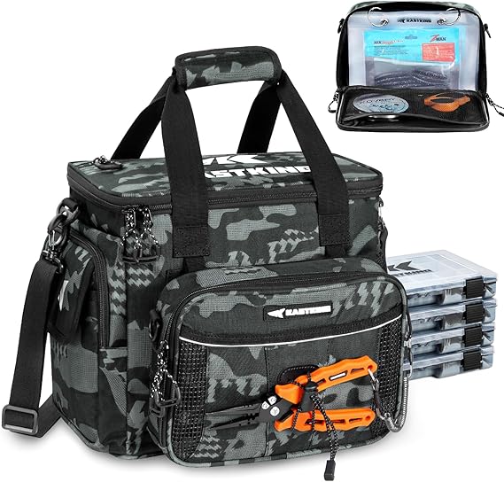 KastKing BaitSpace Tackle Bag with Removable Bait Binder, 4 Tackle Boxes | Durable & Water-Resistant, Fishing Gear Storage, Removable Soft Bait Binder, 4 * 3600 Tackle box are included