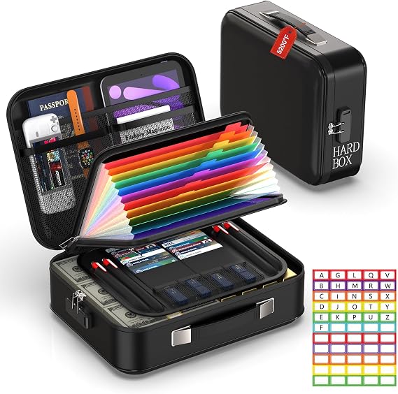 Fireproof Document Box - 8-Layer Hard Shell Fire Proof Safe for Home Documents, Water Resistant File Organizer for Desk Money, Safety Box for Passports Certificates Laptop