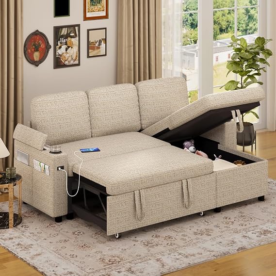 Corner Sofa Bed, L-Shaped Sleeper Sectional Couch Bed, 3-in-1 Linen Convertible Pull Out Sofa Bed with Adjustable Backrest, Storage, USB and Cup Holder for Living Room, Beige