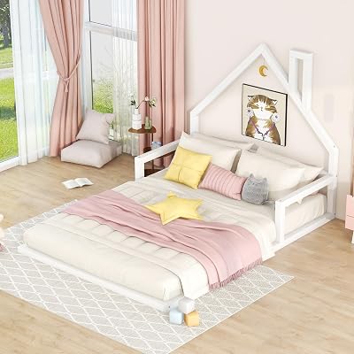P PURLOVE Full Size Floor Bed Frame with House-Shaped Headboard,Wooden House Platform Bed Full Size with Slat Support for Kids,No Box Spring Needed