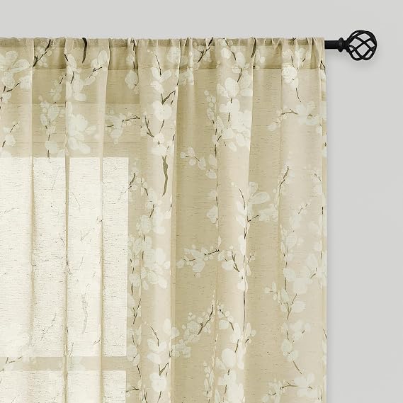 FMFUNCTEX Linen Sheer Blossom Floral Print Curtains Cream 84 Inch 2 Panels