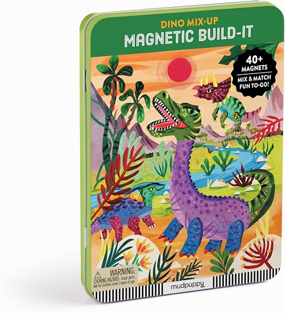 Mudpuppy - Dino Mix-Up Magnetic Tin Play Set for Kids | Ages 4+, 40+ Magnetic Shapes, Mix & Match, Great for Travel, Dinosaur Themed, Family Fun, Screen-Free Play, FSC Certified