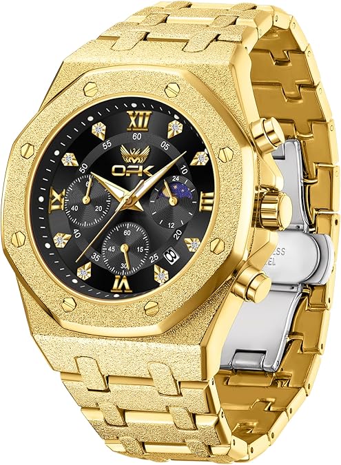 OPK Men Analog Automatic Watches Waterproof Multifunction Chronograph Diamond Moon Phase Luminous Stainless Steel Band Wrist Watches