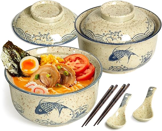 Ceramic Ramen Bowl Tableware Set for 2 Person, Japanese Style Retro Ramen Bowls Set 800ml Noodle Bowl with Chopsticks and Spoons, Asian Soup Bowls with Lid for Microwave & Dishwasher Safe, Japan Fish
