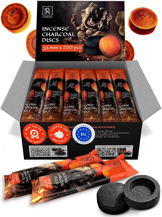 Charcoal Discs to Burn Incense - 200 pcs Charcoal for Incense Burning - 33 mm Most Quick Light Coals Tablets by M. ROSENFELD - 33 mm Resin Burner Rolls Pack of 200 Instant Fire Coal Tablets