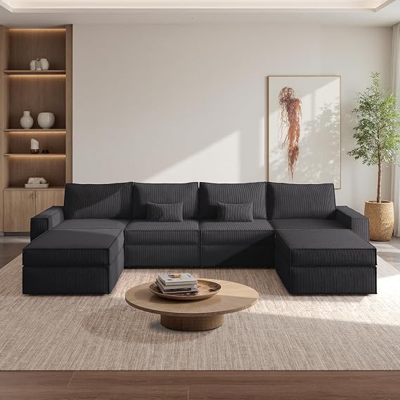 ovios Modular Sectional Sofa Couch, 6-Seats U-Shaped Couches with 2 Chaise Ottomans Comfy Cushions, Modern Deep Seat Corduroy Sofas Set for Living Room (Normal Cushion, Black)