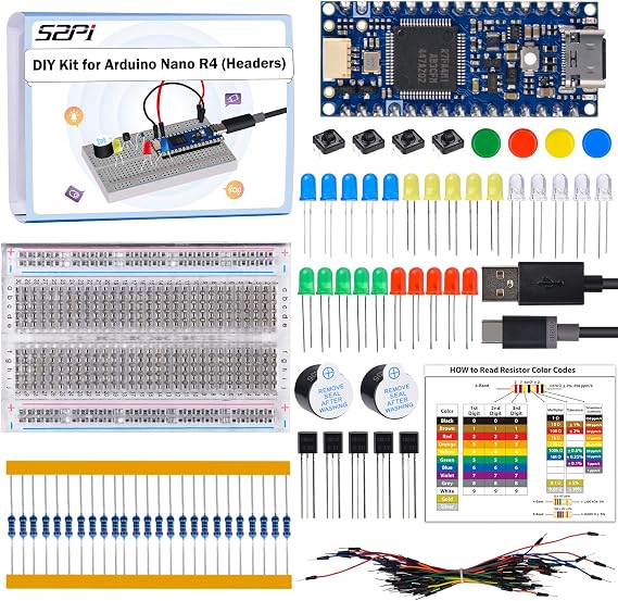 GeeekPi DIY Kit for Arduino Nano R4 with Headers, Beginner Electronics Learning Set, Includes Breadboard, LEDs, Resistors, Transistors,Push Buttons,Jumper Wires,USB-C Programming Cable,with Tutorial