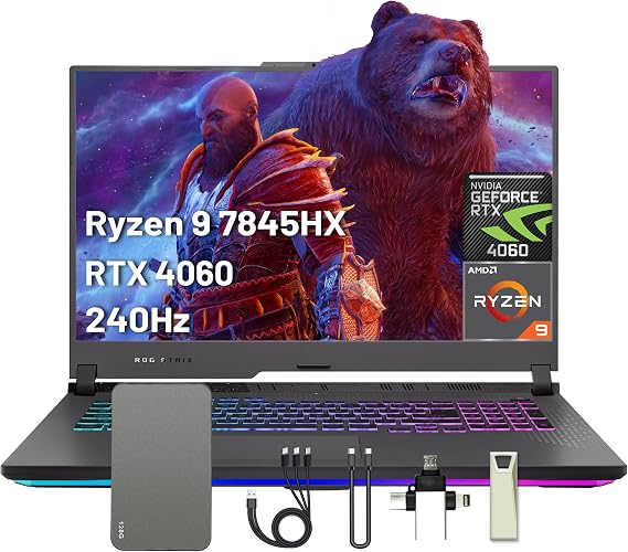 ASUS ROG Strix G17 Gaming Laptop, 17.3" 240Hz QHD Display, 16GB DDR5, 1TB PCIe SSD, AMD Ryzen 9-7845HX, GeForce RTX 4060 8GB GDDR6, Win 11, RGB Keyboard, Wi-Fi 6E, Gray, 160GB Docking Station Set