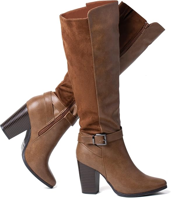 katliu Women's Heeled Knee High Boots Zip Up High Chunky Heeled Boots Brown 7