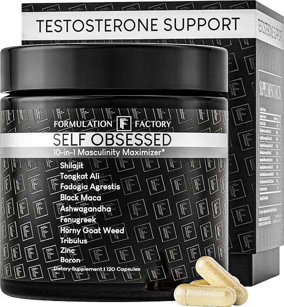 Formulation Factory Self Obsessed 10-in-1 Natural Testosterone Booster for Men, Testosterone Supplement for Men with Shilajit, Tongkat Ali, Fadogia Agrestis, 120 Capsules, 2 Month Supply