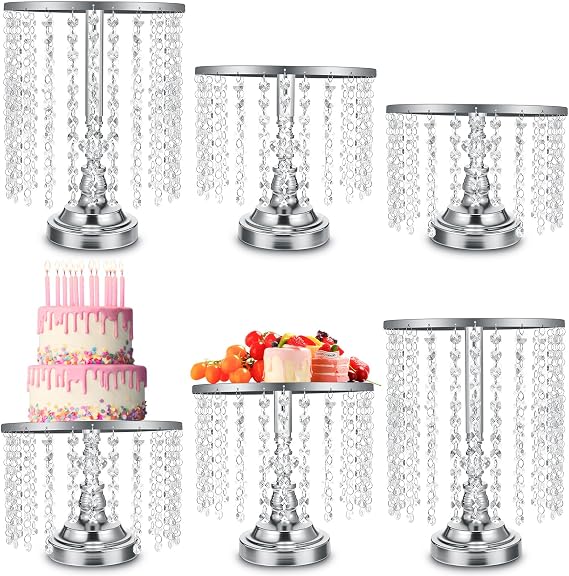 6 Pcs Crystal Cake Stand Round Dessert Cupcake Holder Metal Stand Table Cake Pedestal with Crystal Pendant Wedding Bead Dessert Cupcake Pastry Display Plate for Wedding Birthday Party (Silver)