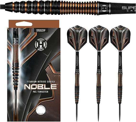 Harrows Noble 90% Tungsten Steel Tip Darts Set 22g, 23g, 24g & 25g - This Tungsten Darts Set Includes Silver Supergrip Carbon Shafts & Micron Noble Flights