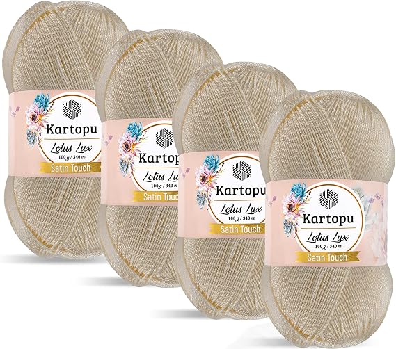 Kartopu Lotus Lux Summer Knitting Yarn,Glitter and Satin Textured Knitting Yarn,(4Pack)100% Anti-Pilling Acrylic,Has a Satin Texture,Skein(Ball) 3.53 Oz (100g) (025 Cream)