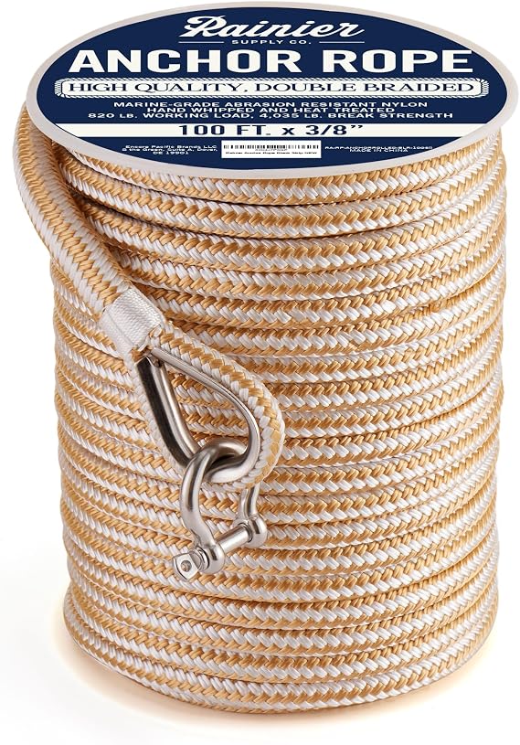RainierSupplyCo Boat Anchor Rope - Double Braided Marine Rope Anchor Line - 100/150 / 200/300 ft Nylon Boating Line with 316 Stainless Steel Thimble and Heavy Duty Marine Grade