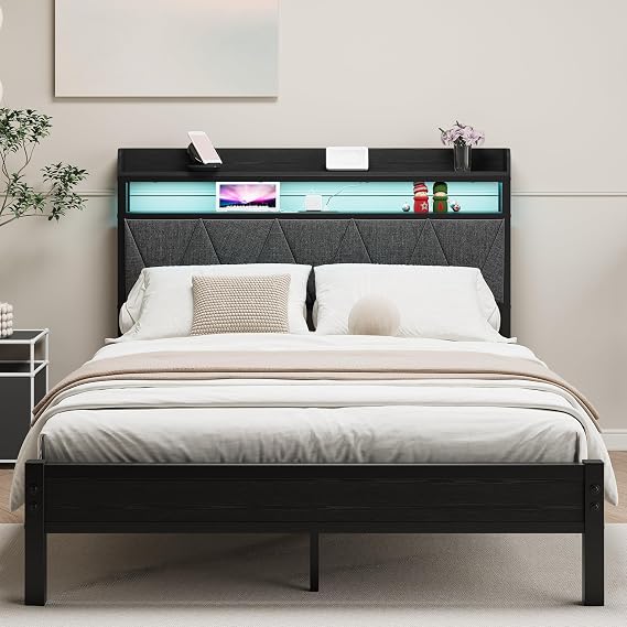 Double Metal Bed Frame with 4ft6 Upholstered Storage Headboard,Grey