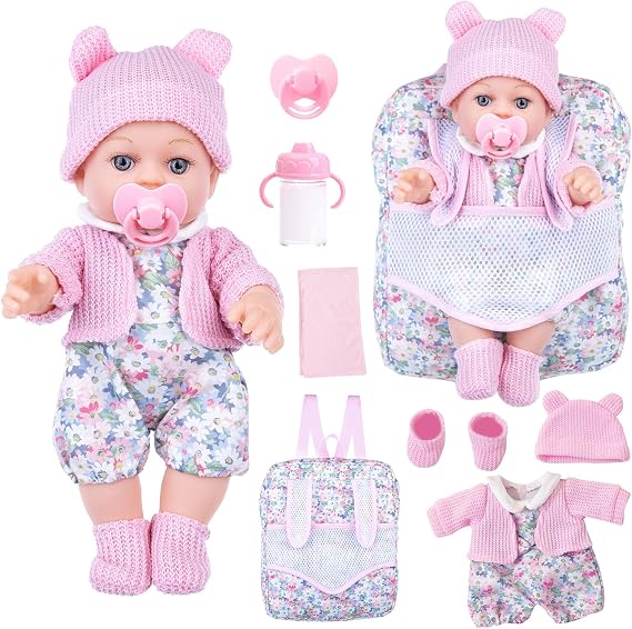 BDDOLL 12 Inch Baby Doll Backpack Playset with Dolls Clothes and Accessories Included Backpack, Washcloth, Bottles, Nipple,Socks, Hats