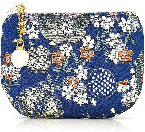 Handmade Jewelry Pouch Women Coin Purse Brocade Zipper Wallet Silk Rosary Bag Flower Pattern - Navy