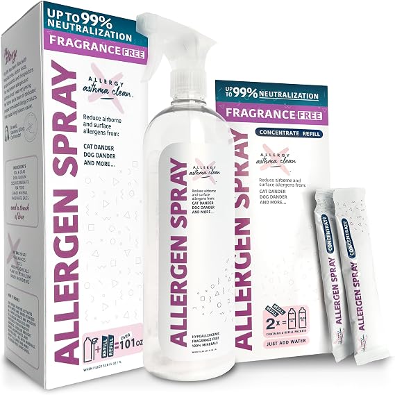 Allergy Asthma Clean Allergen Spray, Pets, Dust Allergies & More, Air & Surface Control, Just Add Water, Bottle Plus Two Refills, Over 100oz Total