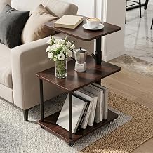 Side Table with Wheels, Adjustable End Table with 360° Swivel Top, 3 Tier Sofa Side Table for Living Room, Bedroom or Bedside, Mobile Small Table with Storage, Black Walnut