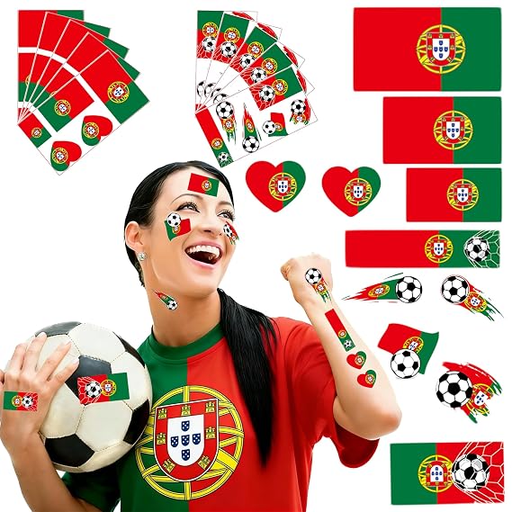 55 Pieces2026 Soccer Season Temporary Tattoos,Portugal Flag Face Tattoo Transfer Stickers & Soccer Tattoos for Soccer Party Decorations & Fans' Makeup