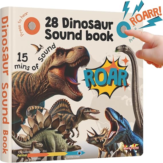 LEARNING BUGS Dinosaur Sound Book for Kids 3-5, 28 Realistic Sounds. Explore Land, Sky, Sea Dinosaurs, Perfect Educational Toy and Gift for Toddlers