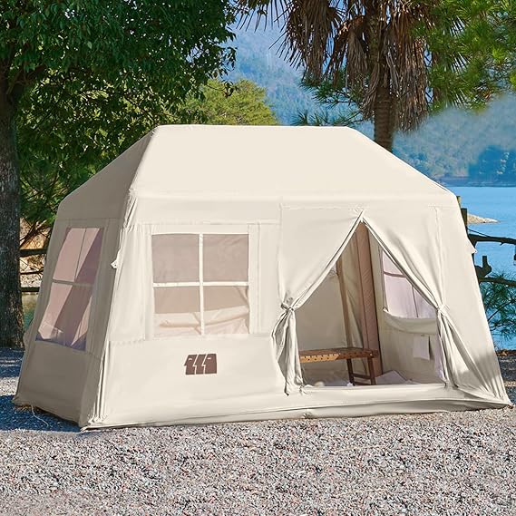 Inflatable Tents for Camping, Blow Up Tent with Hand Pump, 3-4 Person Air Glamping Tent with Canopy, Easy Setup 4 Season Waterproof Windproof Outdoor Glamping House