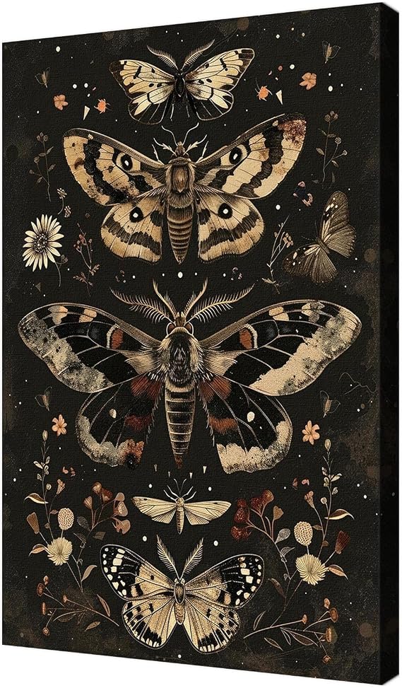 Retro Dark-Art Canvas Print Picture For Home Living Bedroom Office Decor-Wall Art Framed Moody Botanical Moth Poster For Dark Aesthetics Lover Decor-Dark Fantasy