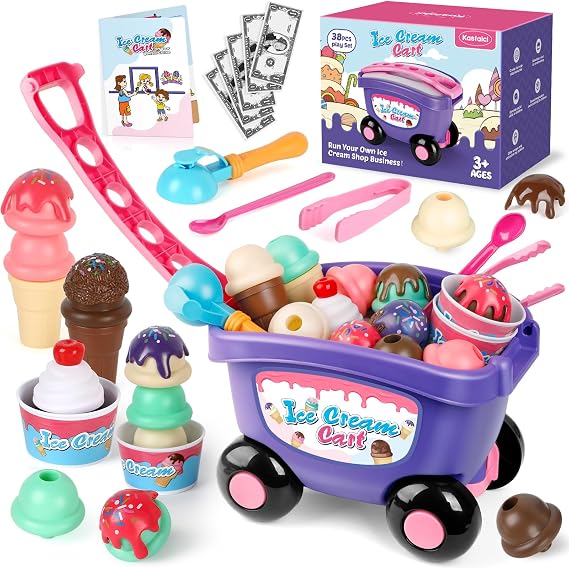 Kasfalci Ice Cream Cart Toy, Ice Cream Shop Playset for Kids, Grocery Store Pretend Play Food Toys, Shopping Cart for Toddlers, Scoop and Serve Counter, Educational toys for 3 4 5 6 Years Old Girl Boy