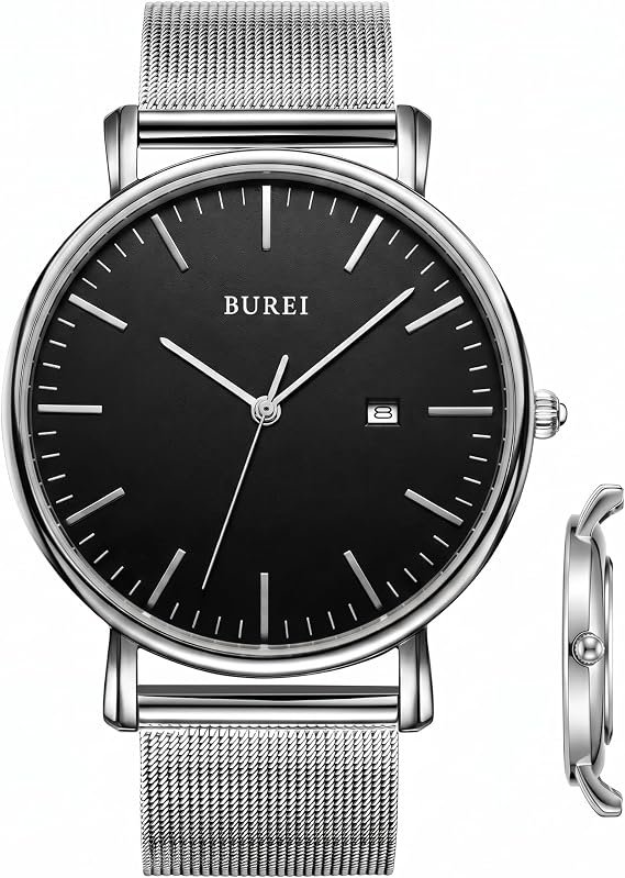 BUREI Herrenuhr minimalistisch analoge Quarzuhr wasserdichte ultradünne Herrenuhr mit Lederarmband Männergeschenk