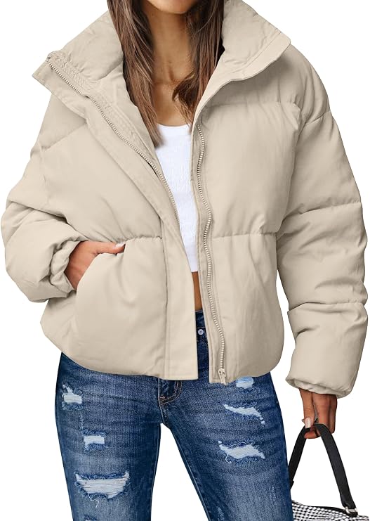 MEROKEETY Women's 2025 Winter Long Sleeve Zip Puffer Jacket Pockets Baggy Short Coats