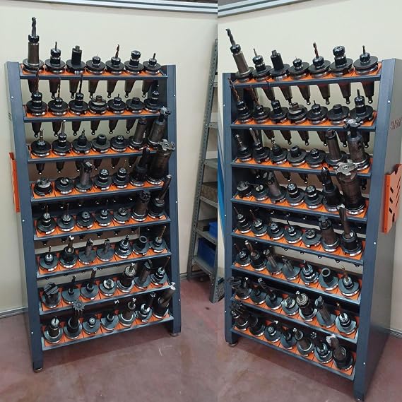 CNC Tool Holder Rack - CAT40 Tool Organizer - 8-Row Storage with Parts Box - for Machine Shops, Workshops, Garages
