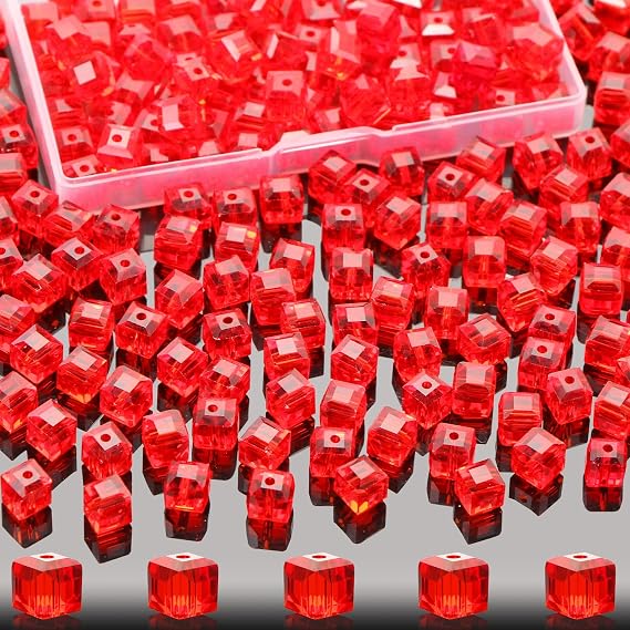 100 Pcs 6mm Cube Crystal Glass Beads for Jewelry Making, Square Crystal Beads with Box, Crystal Spacer Beads for DIY Craft Bracelets Charms (Red)