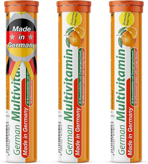 T&D German Multivitamin Drink Effervescnet Tablets 60 Servings Orange Flavour - Vitamin C, E, B1, B2, B6, B12, Biotin, Folic Acid, Niacin, Pantothenic Acid Pharma Made in Germany