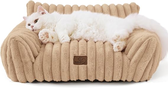 Bedsure ComfyFleeceTM Shown on TV Fluffy Cat Couch for Pets,24in Sandy Beige | Cat Beds for Indoor Cats,Supportive Pet Sofa,Dog Couch Bed Seen on Good Day New York,Removable Washable Cover,Up to 10 Lbs