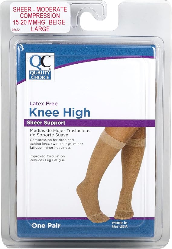 Quality Choice, Compression Hosiery, Sheer Knee High Stockings, Moderate Compression (15-20mmHg), Beige, Large, Made in The USA
