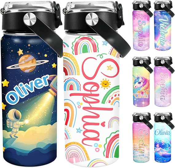 Personalized Water Bottles for Kids, Custom Water Cups with Name and 25 Icon Engraved, 18 oz - 16 Colors, Double Wall Insulated BPA Free, Customize Valentines Gifts for Girls Boys (UV)