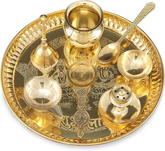 BENGALEN Brass Pooja thali Set 8 Inch with Pital Plate Kalash Spoon Diya Bowl Dhup Dan Ghanti Kappur Arti Daily Puja Thali for Diwali Home Mandir Office Wedding Return Gift Items