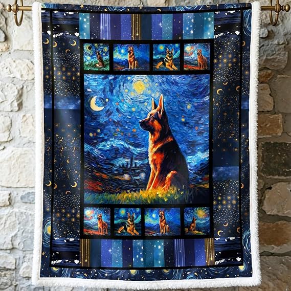 Starry Night Dog Blanket German Shepherd Artistic Sherpa Throw Galaxy Painting Style for Couch Bedroom Decor Soft Cozy Fuzzy 60x80 Inches Gift for Art Lovers Pet Theme Blanket